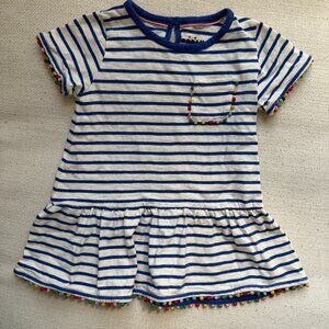 Mini Boden Girls Striped Pom Pom Trim Dress, 3-4Y Blue White Cotton